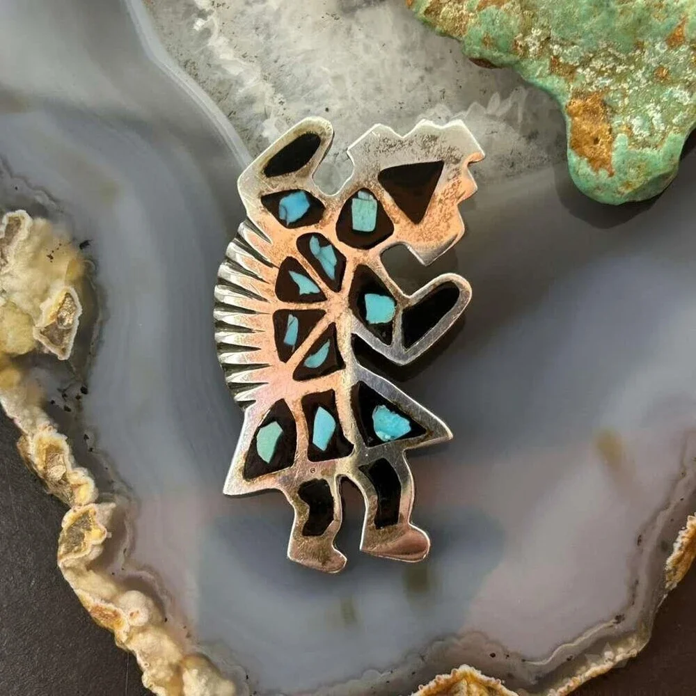 Vintage Native American Silver Turquoise Inlay Rainbow Man Brooch For Women
